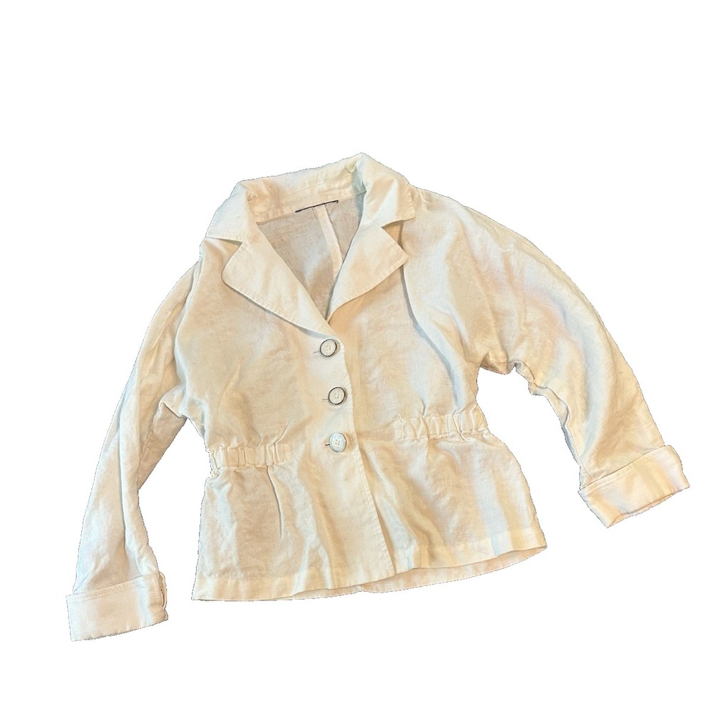 Womens 100% Linen White Ivory Jacket Blazer S Cinched Minimalist Lagenlook